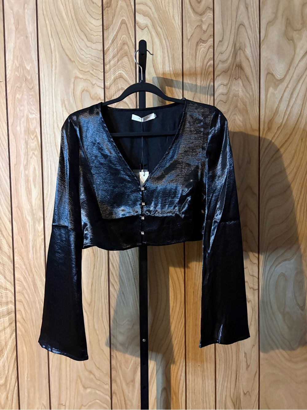 Mustard Seed black satin cropped long sleeve blouse with rhinestone buttons NWT
